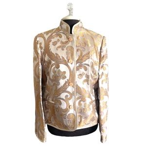 Linda Allard Ellen Tracy Gold Paisley Blazer 100% silk lining & trim Size 12